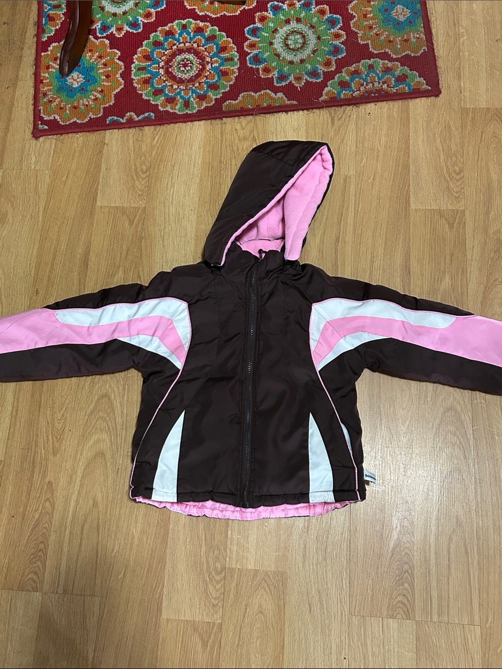 Rothschild Brown Hooded Puffer Jacket with Pink & White Accents Size 4T